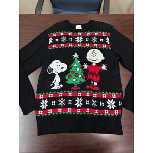 Peanuts Charlie Brown and Snoopy Black Christmas Sweater Size Medium